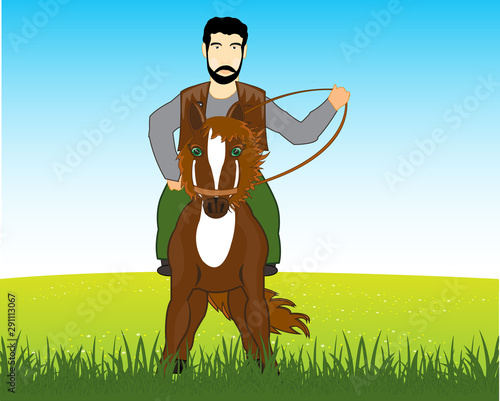Man goes on horse on green glade