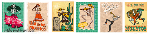 Day of the Dead Posters on a colored background. Skeletons dance and play musical instruments. In Spanish Dia De Los Muertos. Religious holiday with happy skulls. Hand drawn engraved banner Set.
