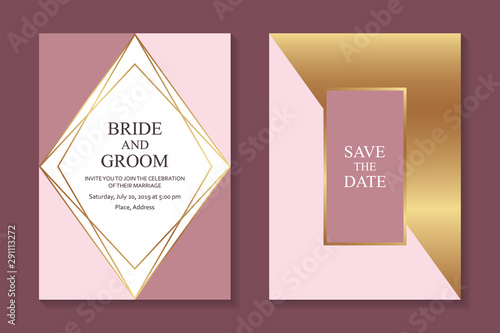 Wedding invitations or card templates with modern golden and pink geometric borders and frames.