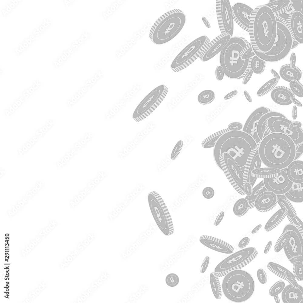 Russian ruble coins falling. Scattered black and w Russian ruble coins falling. Scattered black and w