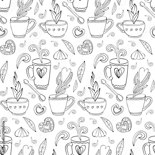 Seamless pattern of Doodle tea and coffee hand drawn in outline. Tea time elements. Cup, mug, spoon, dessert, cookies, souffle, sweets, heart. Vintage style. Lots of symbols