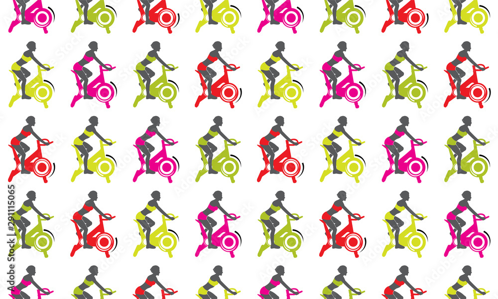 Seamless pattern workout in the gym. Woman trains on a stationary bike. Sports lifestyle. Vector illustration with young girl in flat style