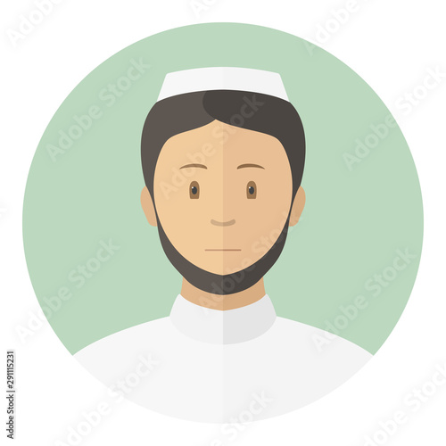 Bearded Arab man in taqiyah. Profile avatar. Vector icon.