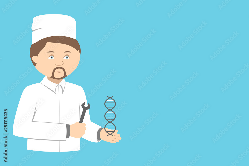 Geneticist hold human DNA helix and wrench in hands. Poster with copy space. Vector illustration. Geneticist hold human DNA helix and wrench in hands. Poster with copy space. Vector illustration.