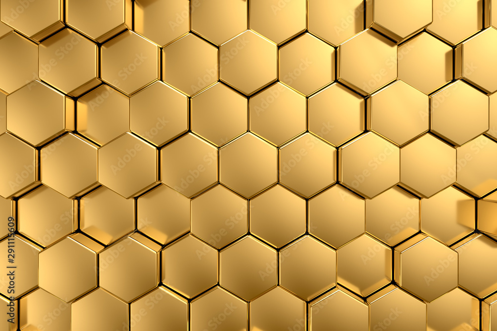 Hexagon yellow gold metal backgound 3d Hexagon yellow gold metal backgound 3d