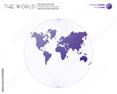 Abstract world map. Van der Grinten projection of the world. Purple Shades colored polygons. Creative vector illustration.