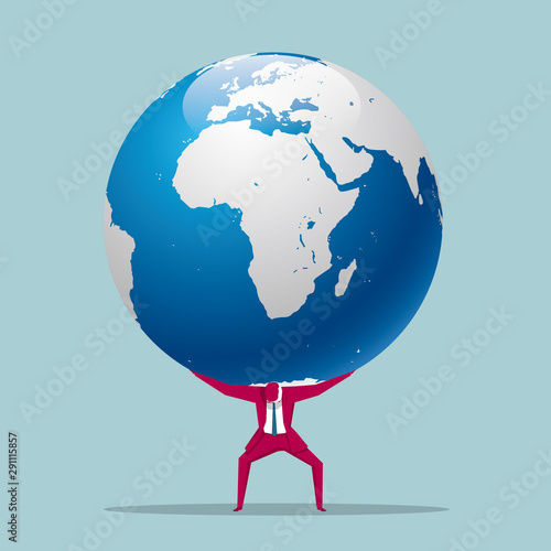 Businessman carrying the earth. Isolated on blue background.
