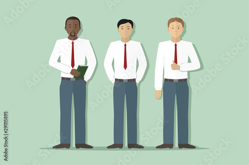 Caucasian, African-American and Asian employees. Vector illustration.