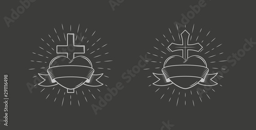 Black and white illustration of a heart with a cross and rays with a banner. Vector illustration on a religious theme on a black background executed in chalk