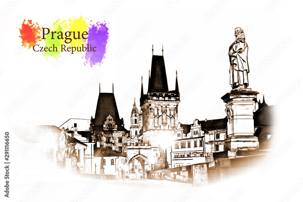 Fototapeta premium Praha, Czech Republic - Vintage travel sketch.
