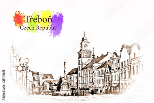 Downtown in Trebon, Czech Republic - Vintage travel sketch.