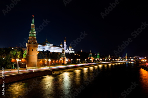 Illuminated Moscow Kremlin, Kremlin Embankment and Moscow River at night in Moscow, Russia.