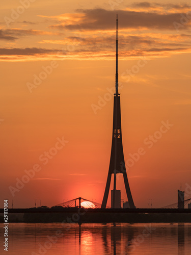 Big cable bridge and beautiful sunset 