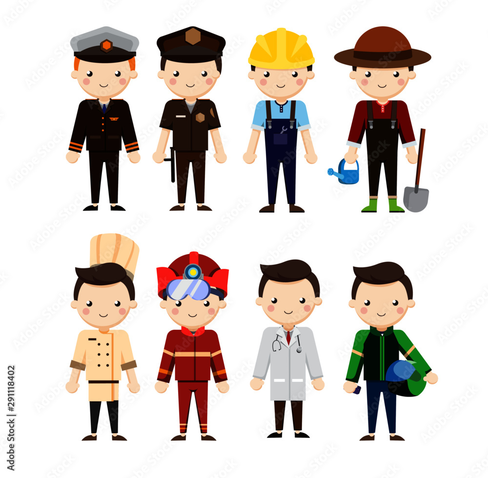 Collection of men various occupations or profession wearing professional uniform - construction worker, farmer, police, chef, doctor, firefighter, biker taxi online. Flat design vector illustration. Collection of men various occupations or profession wearing professional uniform - construction worker, farmer, police, chef, doctor, firefighter, biker taxi online. Flat design vector illustration.