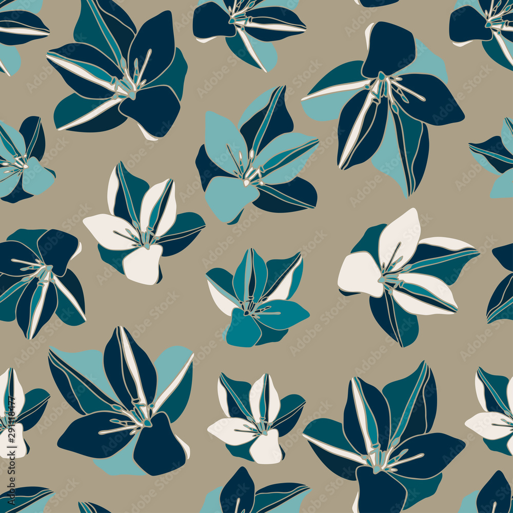 Seamless stylized design with colchicum flowers. Can be used for printing on paper, stickers, badges, bijouterie, cards, textiles.