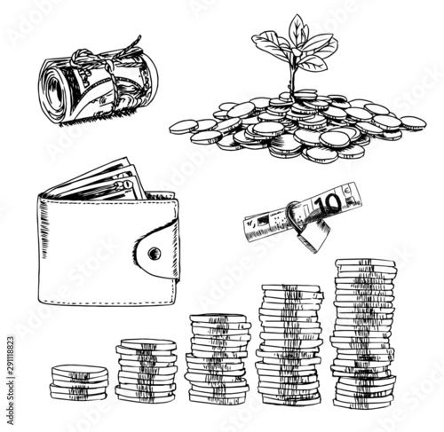 Finance, money is plentiful. Pile of coins, paper money, bank safe, wallet, money roll, sketch hand drawn collection isolated on white background. Black and white vector illustration.