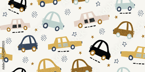 Kids handdrawn seamless pattern with colorful cars