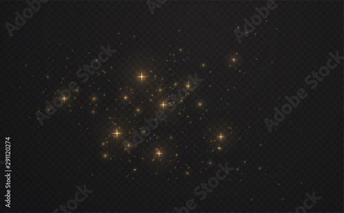 Golden shining sparks dust with stars on dark transparent background. Christmas light glowing particles.