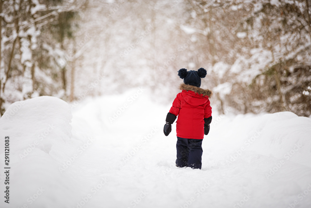 A little boy in a red down jacket walks through a snowy forest. Walk in the fresh air on a winter day. Lifestyle concept