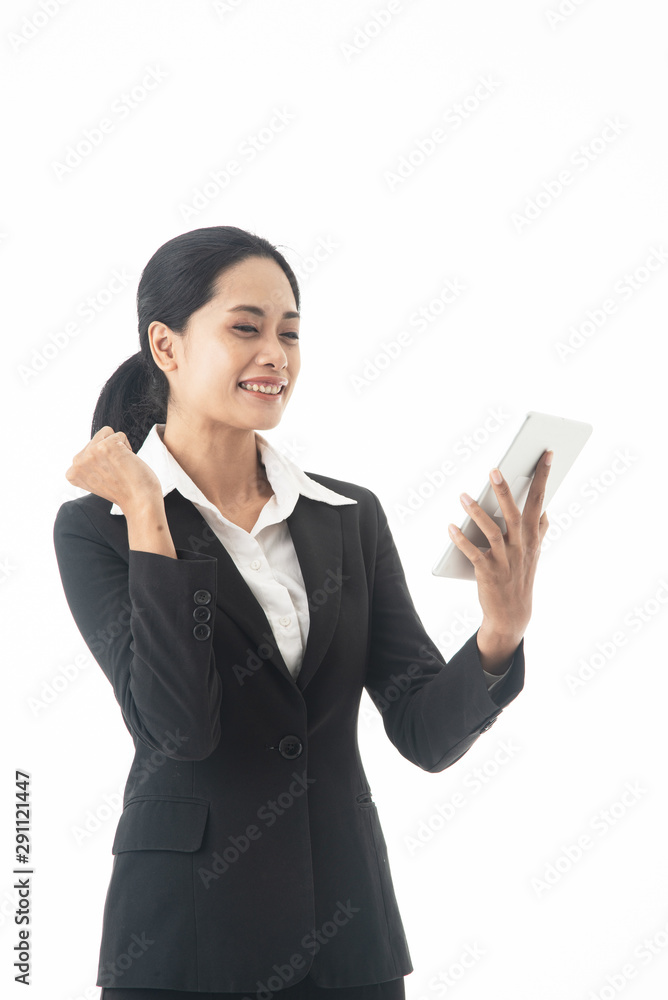 Asian beautiful smart and young businesswoman is the executive or manager stand up thinking and smiling with confidence and surprise in successful on isolated white background Asian beautiful smart and young businesswoman is the executive or manager stand up thinking and smiling with confidence and surprise in successful on isolated white background