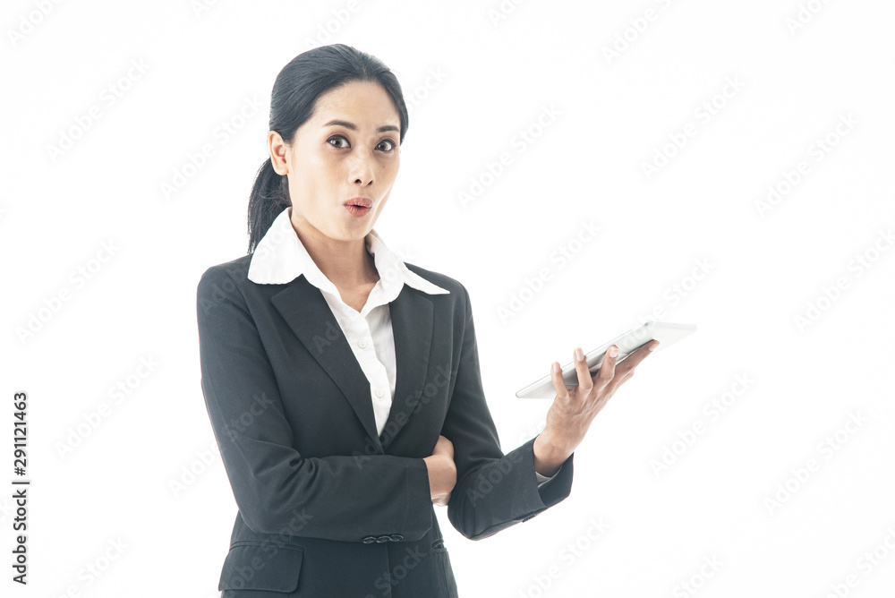Asian beautiful smart and young businesswoman is the executive or manager stand up thinking and smiling with confidence and surprise in successful on isolated white background Asian beautiful smart and young businesswoman is the executive or manager stand up thinking and smiling with confidence and surprise in successful on isolated white background