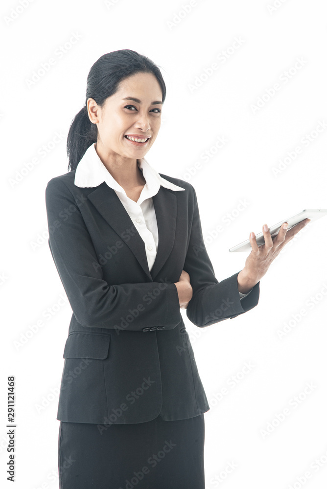 Asian beautiful smart and young businesswoman is the executive or manager stand up thinking and smiling with confidence and surprise in successful on isolated white background Asian beautiful smart and young businesswoman is the executive or manager stand up thinking and smiling with confidence and surprise in successful on isolated white background