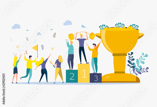 Colorful vector illustration, concept of achieving the vector business goal, winner with a golden cup.
