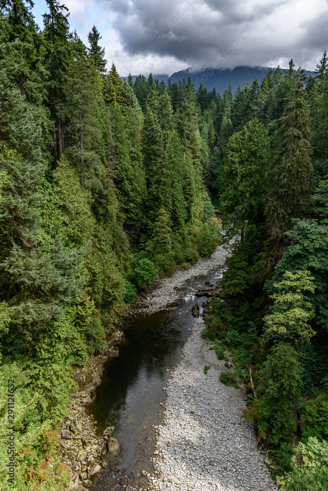 Capilano River, Vancouver, Canada, running through a lush, wooded valley, with mountains in the background. The day is cloudy.