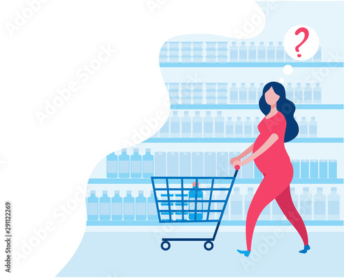 A pregnant woman goes to the supermarket with a cart.