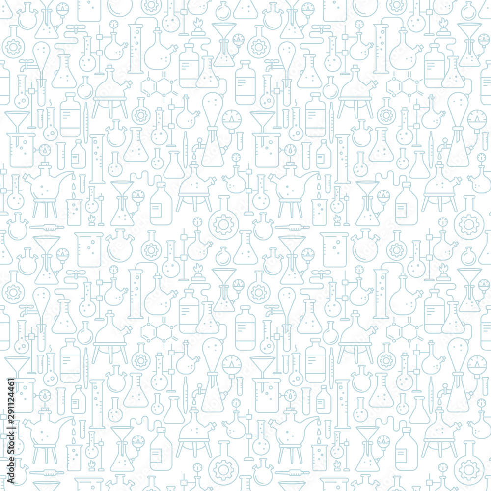 Chemistry science lab seamless pattern background. Education set. Laboratory research equipment. Outline contour light coloured line.