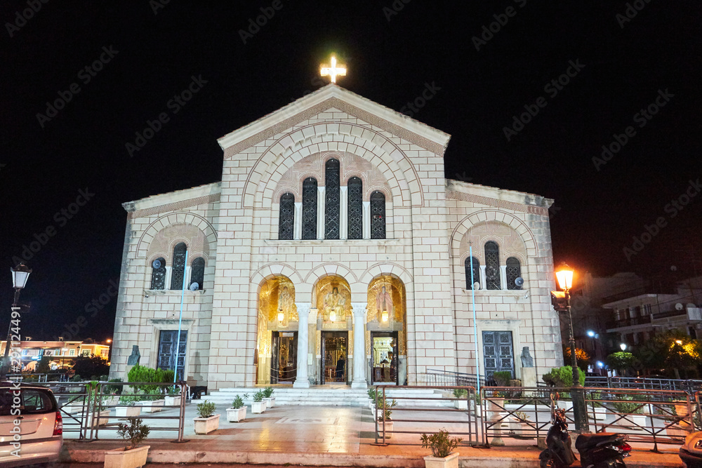 Orthodox cathedral of Saint Dionysus at night in the capital of Zakynthos island in Greece.