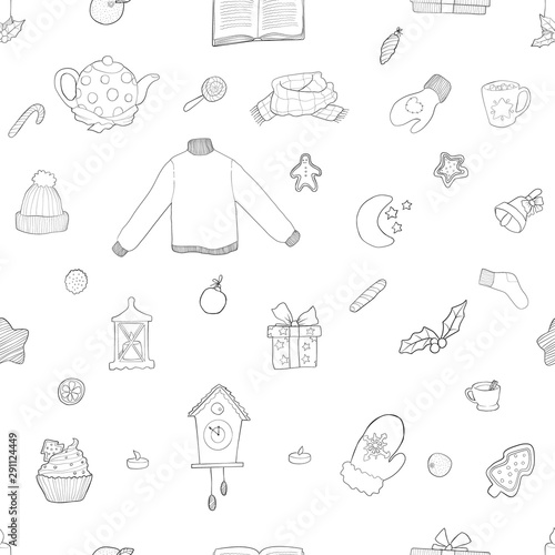 Vector seamless pattern with hand draw hygge christmas outline item illustration in doodle cartoons style for wrapping, textile or post card