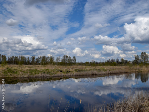 beautiful cloud glare  water like a mirror  springtime silhouettes of bare trees  dry and old grass in the foreground