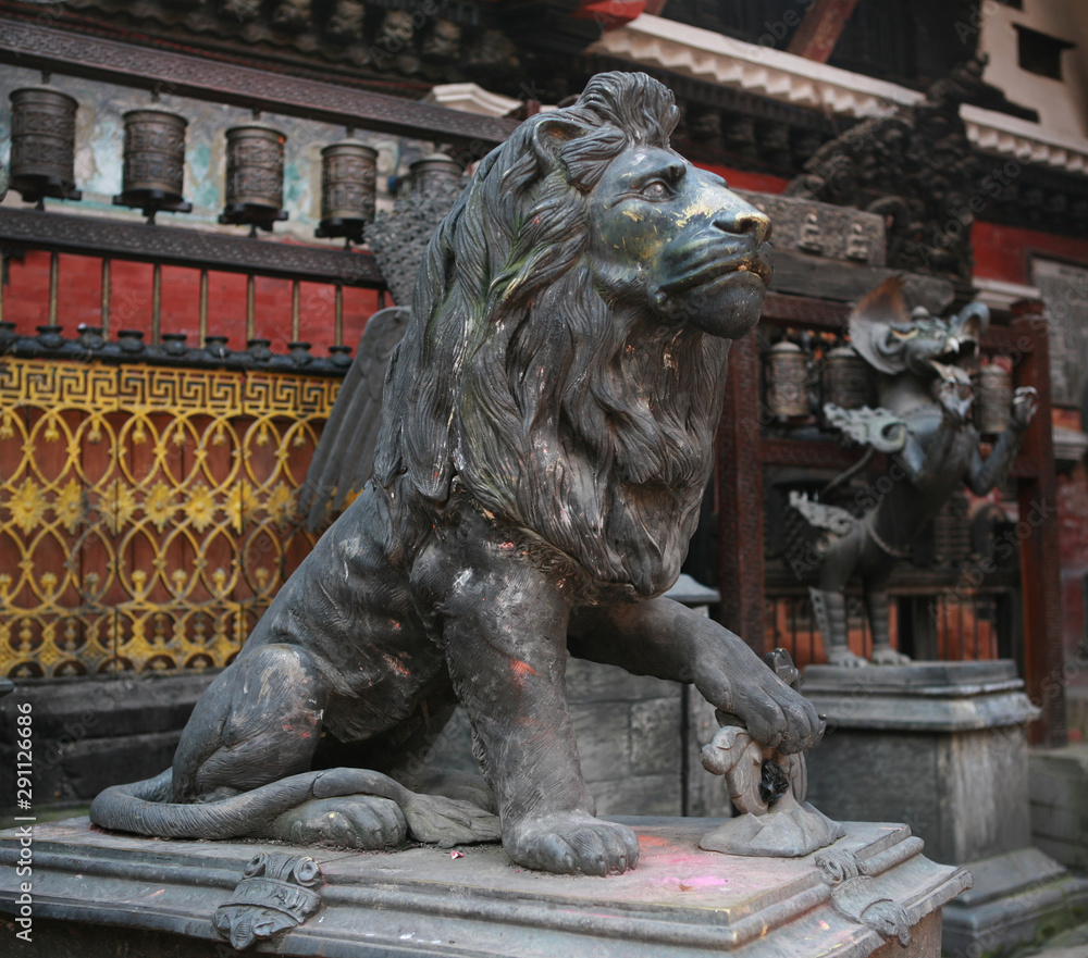 KATHMANDU, NEPAL. 23 September 2008:  The ancient bronze statue of the fire-breathing Lion is located on Durbar square in Central Kathmandu, Kathmandu Valley, Nepal