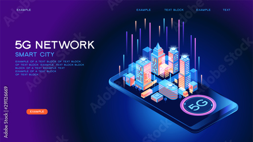 5G network wireless technology  vector concept. High-speed mobile Internet. Using modern digital devices. Smart city or intelligent building isometric. 3d isometric vector illustration.