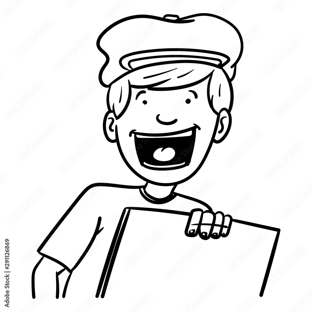 outline drawing of a newspaper boy holding a blank newspaper in his hand and screaming. upper body, room for text, old cap, comic.