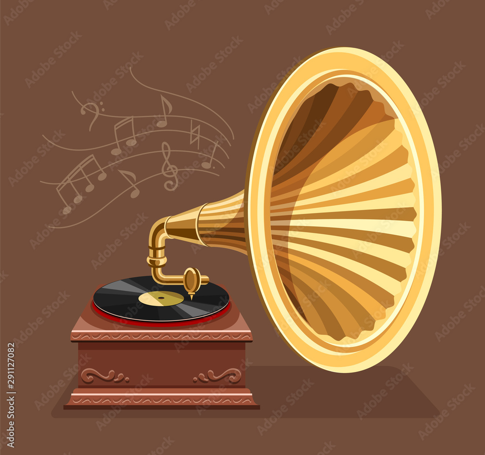 Vintage gramophone with vinyl recording on disc. Gramophone vinyls records  retro player isolated on dark background. Art and classic music concept.  Vector illustration. Stock Vector
