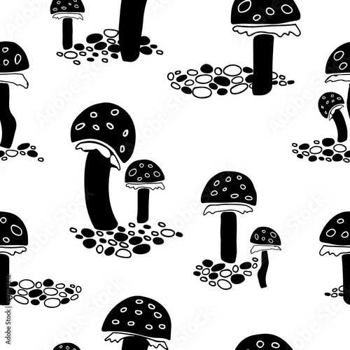 Black fly agaric mushrooms seamless pattern on white background.