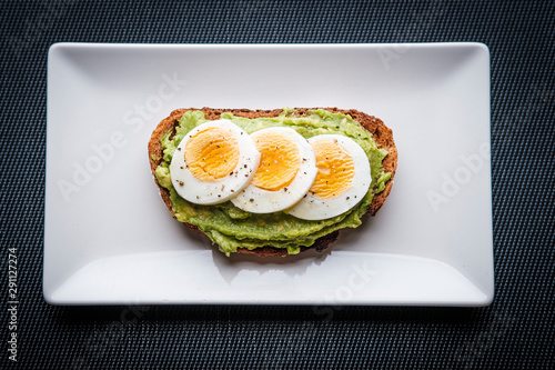 healthy breakfast, advocado toast with eggs and orange juice