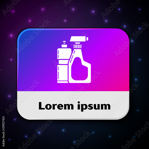White Plastic bottles for liquid laundry detergent, bleach, dishwashing liquid or another cleaning agent icon isolated on black background. Rectangle color button. Vector Illustration