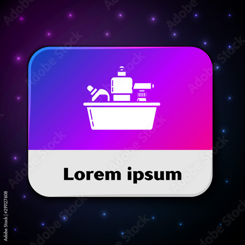 White Plastic bottles for liquid laundry detergent, bleach, dishwashing liquid or another cleaning agent icon isolated on black background. Rectangle color button. Vector Illustration