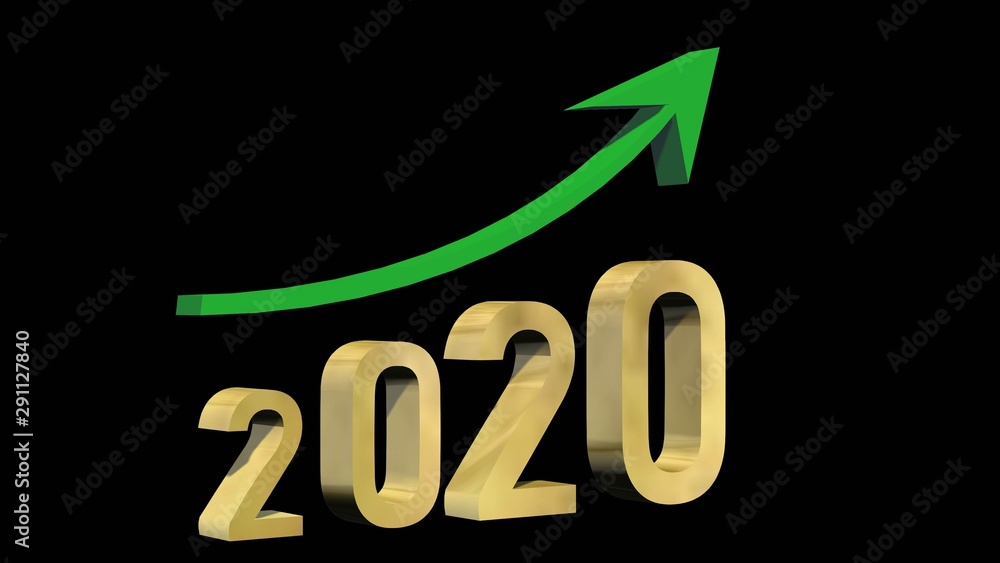 Year 2020 in golden digits under a green ascending arrow - isolated on black background - 3D illustration Year 2020 in golden digits under a green ascending arrow - isolated on black background - 3D illustration