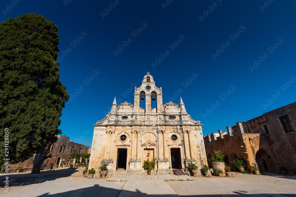 Front facade of the Monastery of Arkadi (Moní Arkadíou), an Eastern Orthodox monastery located next to Rethymno, North Crete, Greece