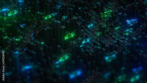 Digital technology creative background. Abstract composition, neon glowing numbers, code, big data structure, financial information concept, creative business connection. 3d rendering