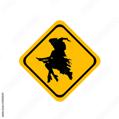 Icono plano bruja volando en señal de trafico color amarillo