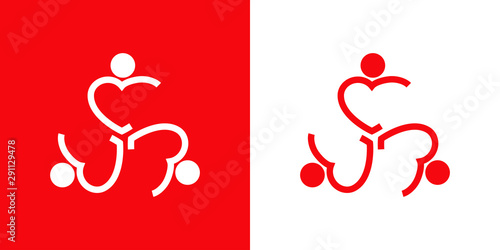 Logotipo con 3 corazones lineales como personas abrazadas en rojo y blanco