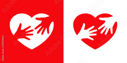 Logotipo con corazón con 2 manos iguales en rojo y blanco