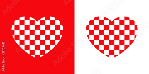 Logotipo con corazón con patrón de cuadrados en rojo y blanco