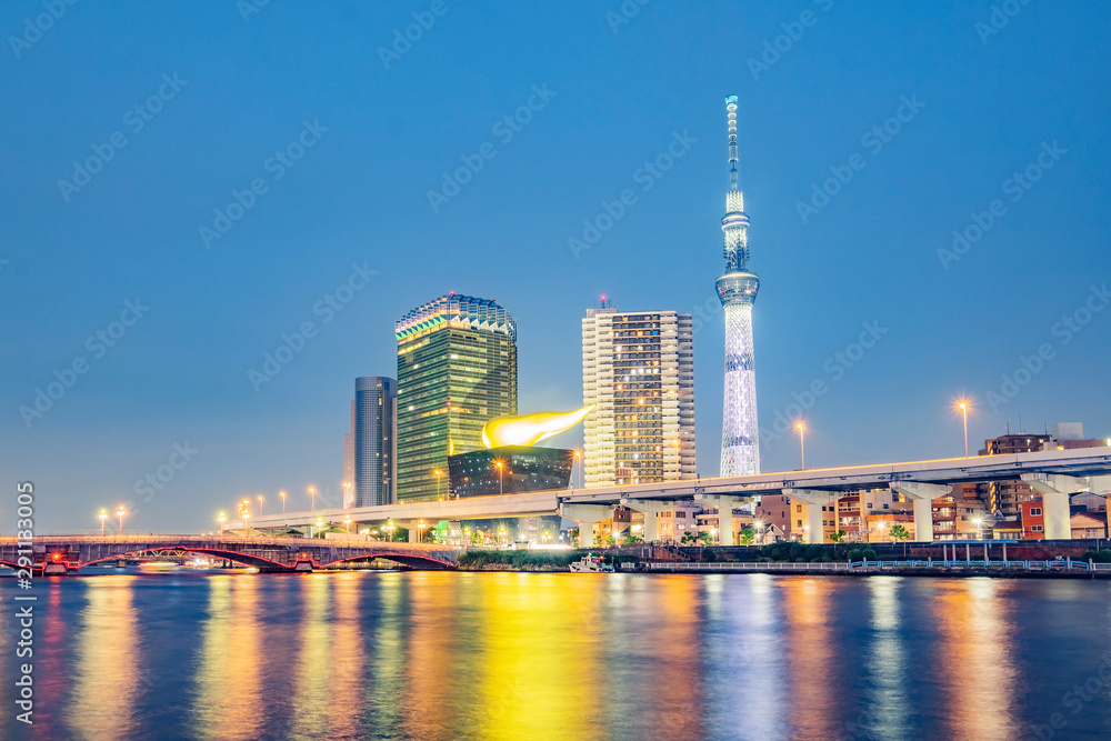 Fototapeta premium Cityscape of Tokyo skyline, panorama view of office building at Sumida river in Tokyo in the evening. Japan, Asia.