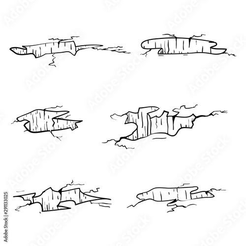 handdrawn Ground cracks. Earthquake crack, hole effect and cracked surface. Aging or dried ground effects illustration cartoon doodle style